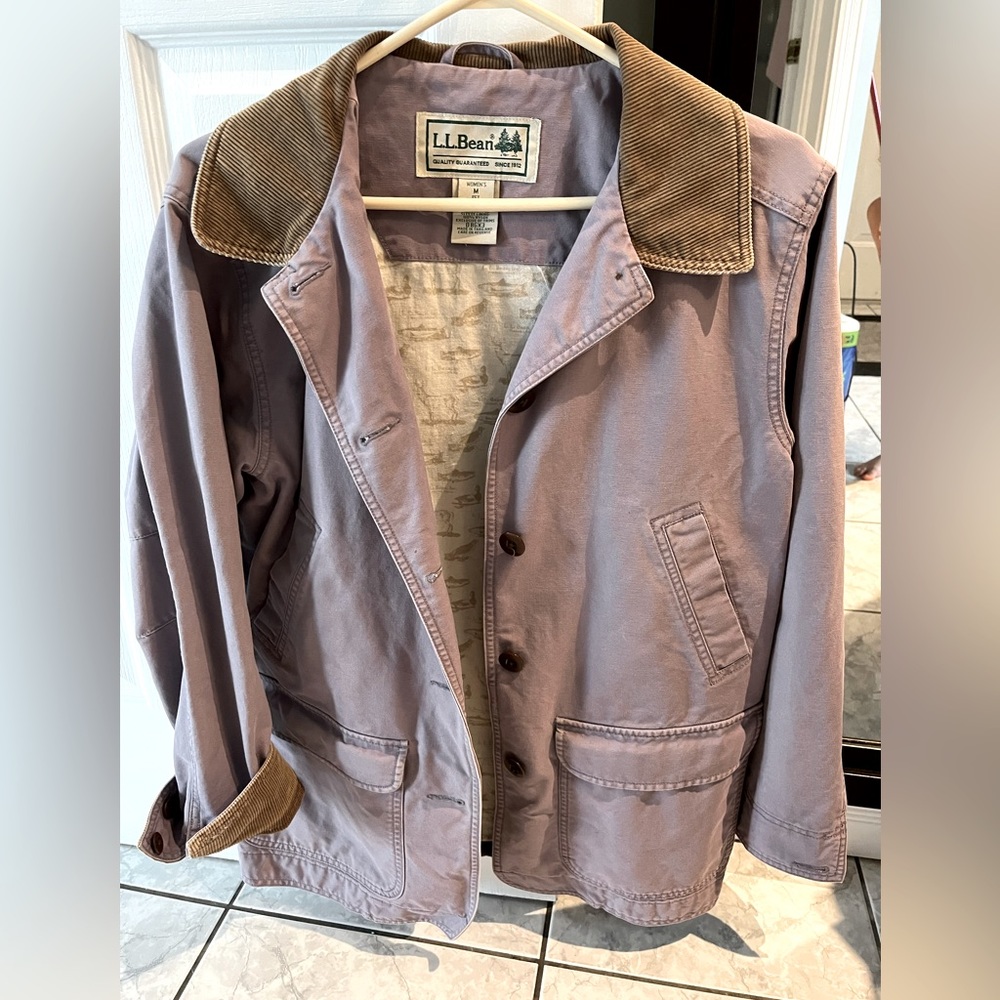 LL Bean coat in a light purple colour with corduroy collar and cuffs